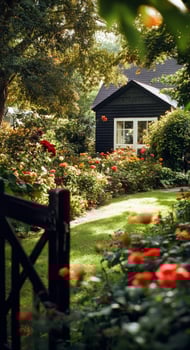 Lush Garden Pathway Leading to a Cozy Black Cottage Surrounded by Blooming Flowers in Afternoon Light photo