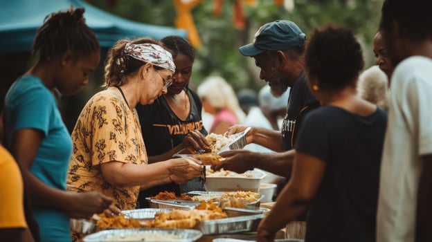 Diverse community members partake in a communal meal. photo