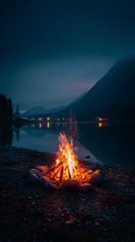 Campfire by the Lake Under the Night Sky With Mountains in the Background. photo