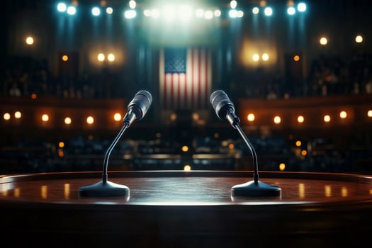 Historic Venue Prepares for Political Speech With Microphones and American Flag in Background. photo