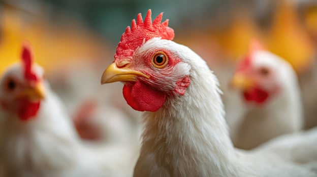 Close up of a white chicken with red comb photo