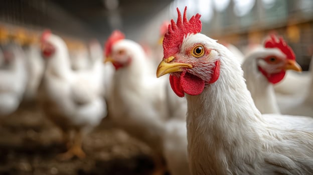 Close up of white chicken in poultry farm environment photo