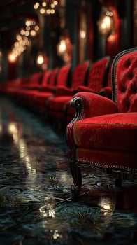 Elegant red chairs line a luxurious hallway, showcasing rich decor and glossy floor reflections in an opulent interior space photo