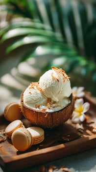Delicious Coconut Bowl Filled With Creamy Vanilla Ice Cream and Macarons Displayed on a Wooden Tray photo
