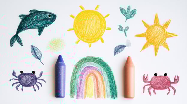 Kids hand drawn crayon images set isolated on white background. photo