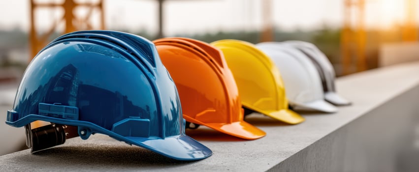 The colorful collection of hard hats for construction safety and teamwork. photo