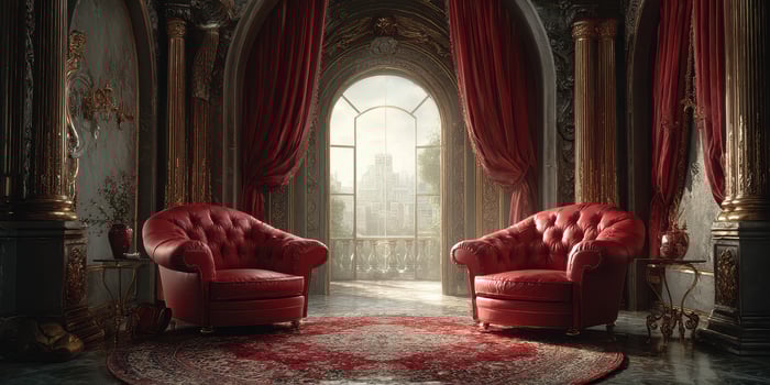 Red tufted armchairs in an ornate room with a view of a cityscape at dusk photo