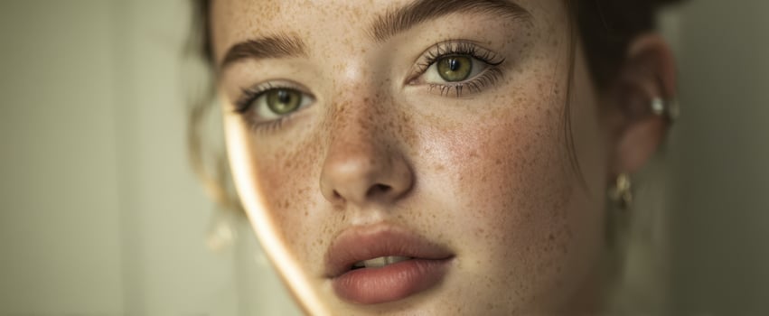 The captivating portrait of a freckled girl with mesmerizing green eyes. photo