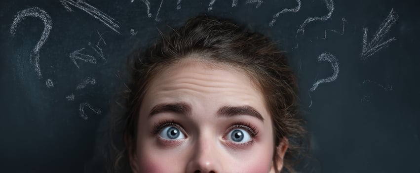 The girl expressing confusion amidst swirling questions and thoughts. photo