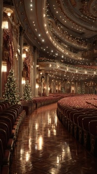 Luxurious theater interior decorated for the holidays with elegant lights and festive trees photo