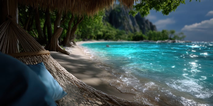 Hammock on a tropical beach near clear blue water surrounded by lush trees during a serene day photo