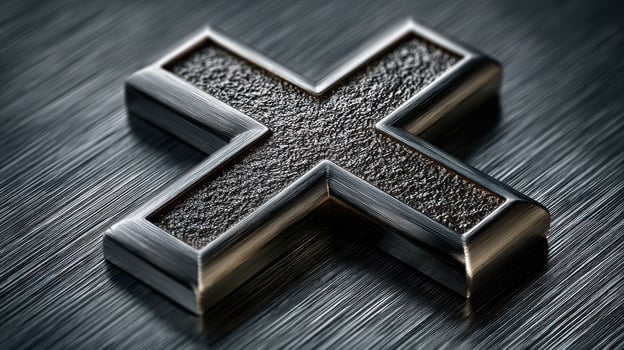 Metal cross shape resting on a brushed steel surface, showcasing intricate texture and contrasting finishes in natural light photo