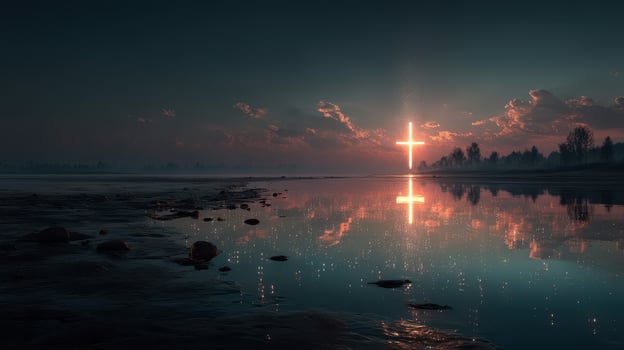 Beautiful reflection of a glowing cross over calm water during sunset at a serene lakeside location photo