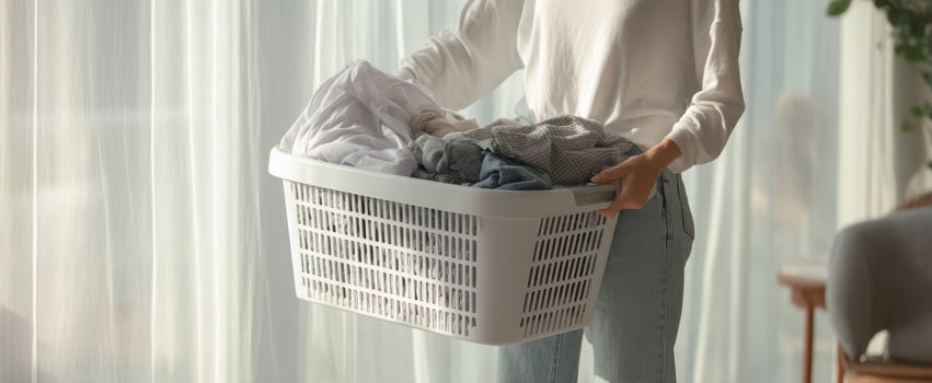 The woman carrying a laundry basket full of freshly washed clothes photo