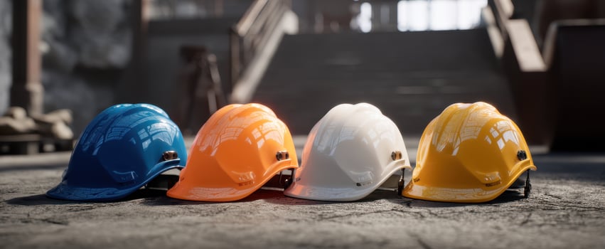 The vibrant collection of hard hats arranged at a construction site. photo