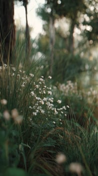 Soft Light Filtering Through Grass and Wildflowers Near a Serene Water Source in Springtime. photo