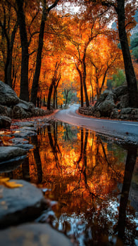 Colorful autumn trees reflect on a winding road during a serene evening photo