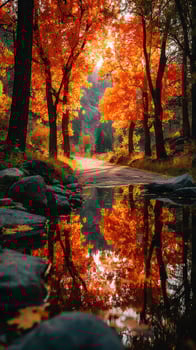 Beautiful fall landscape with vibrant orange trees reflecting in a peaceful stream photo