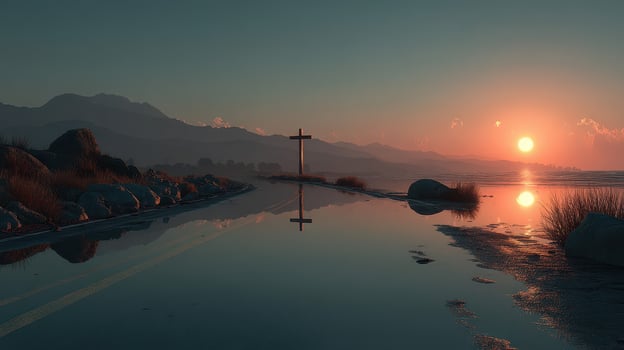 Sunrise over a tranquil lake with a cross silhouette in the foreground and distant mountains photo