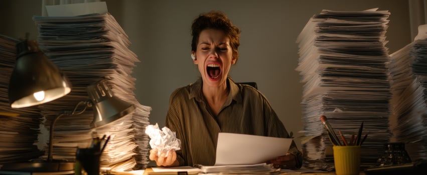 The overwhelmed woman struggling with stress in a chaotic office environment. photo