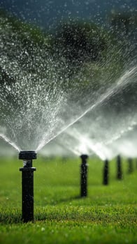 Sprinklers Water a Lush Green Lawn During Daylight in a Residential Garden photo