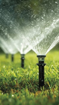 Sprinklers Watering a Lush Green Lawn on a Sunny Day in a Residential Neighborhood During the Afternoon. photo