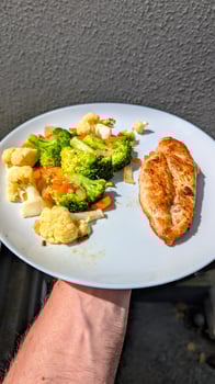 Home Cooked Grilled Chicken with Broccoli and Cauliflower, Healthy Protein Rich Lunch in Natural Light, delicious tasty food photo