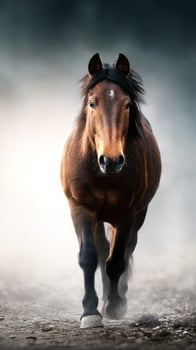 Majestic brown horse walking through misty landscape at dawn with a calm and confident demeanor photo
