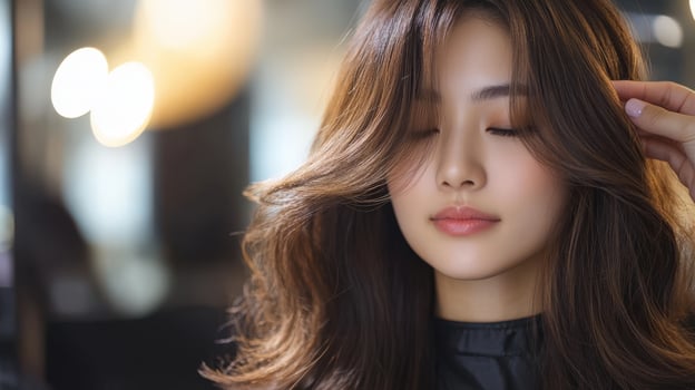 A young woman's elegant hair styling in a salon. photo