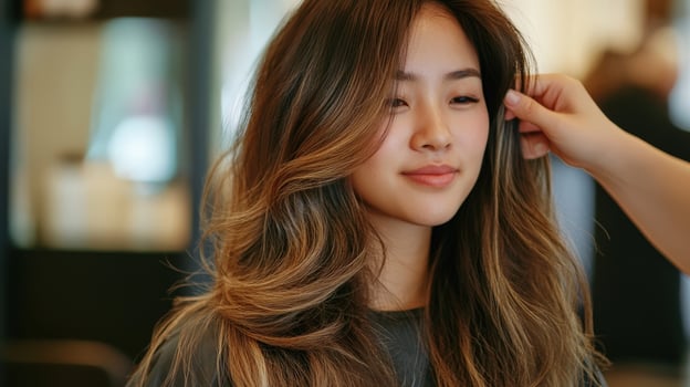 Woman's long, wavy hair styled in a salon. photo