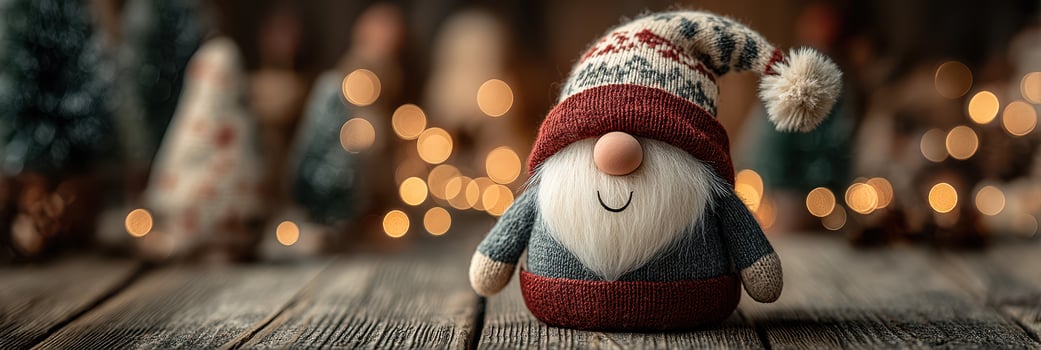 Decorative gnome figure in a cozy setting surrounded by warm lights and festive decorations photo
