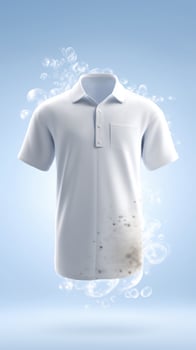 White polo shirt with stains and bubbles, showcasing the cleaning process, surrounded by a soft blue background, emphasizing freshness and cleanliness in fabric care photo