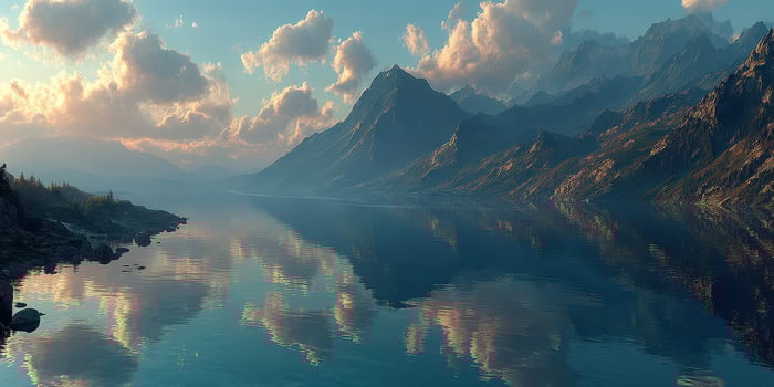 Sunset over tranquil lake with mountain reflections in the distance photo