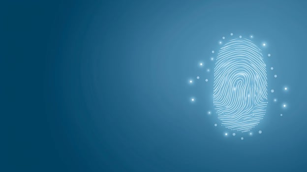 Digital fingerprint illustration with glowing effects on a blue background representing security and identity verification concept photo