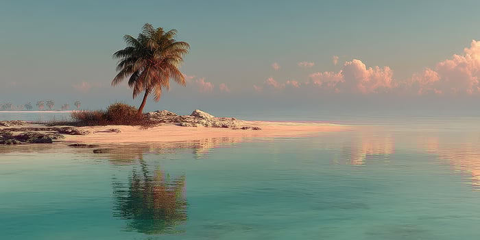 Gentle waves caress a secluded sandy beach under a sunset sky with a solitary palm tree in the distance photo
