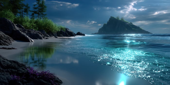 Serene coastal landscape at night with moonlight illuminating ocean and rocky shore photo