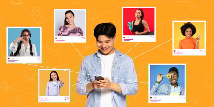Asian young man smiles while using his smartphone, surrounded by images of friends on an orange background. They appear to be enjoying their time, showcasing various activities. photo