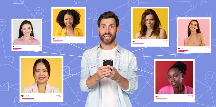 A man smiles while holding a smartphone, surrounded by images of women on colorful backgrounds. The setting suggests a virtual networking or dating context, emphasizing digital connections. photo