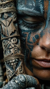 Close-up of a person with intricate face paint holding a carved wooden staff in a nature setting during the day photo