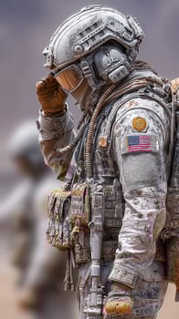 Soldier salutes while wearing advanced tactical gear during a desert operation on a clear day in the afternoon photo