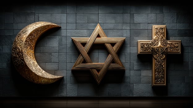 Symbols of faith displayed in elegant design on a textured stone wall photo