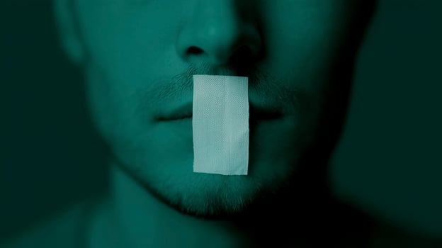 A man with a piece of paper taped to his mouth photo
