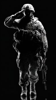 Silhouette of a soldier saluting in a dark environment with a rifle photo
