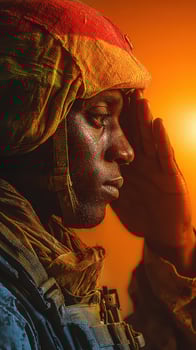 Soldier saluting at sunset showing dedication and respect in a dramatic amber glow photo