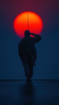 Soldier saluting at sunset with vibrant red orb setting on the horizon photo