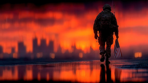 Soldier walks into sunset holding American flag in urban landscape photo