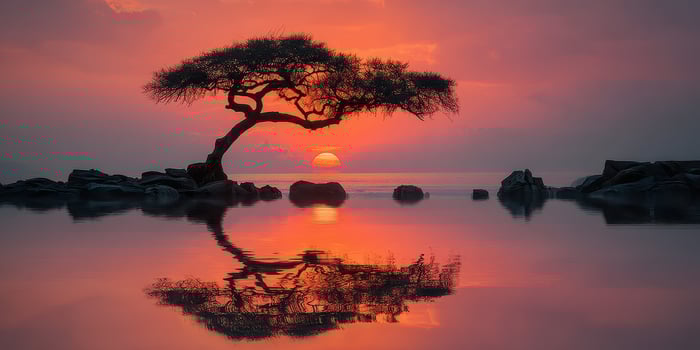 Sunset over tranquil waters with silhouetted tree reflecting on the surface in a serene landscape photo