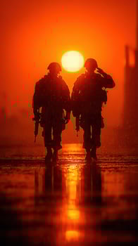 Soldiers salute as the sun sets over the horizon during a mission at dusk in an urban environment photo