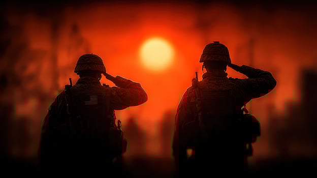 Soldiers salute during sunset at a military ceremony honoring their comrades' sacrifices photo