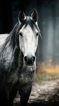 Majestic gray horse stands gracefully in a forest clearing during early morning light photo